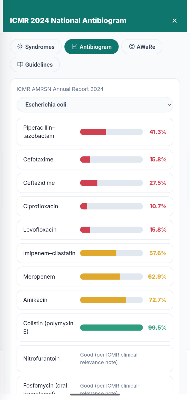 ICMR 2024 national antibiogram in StewardMD: susceptibility percentages for Escherichia coli