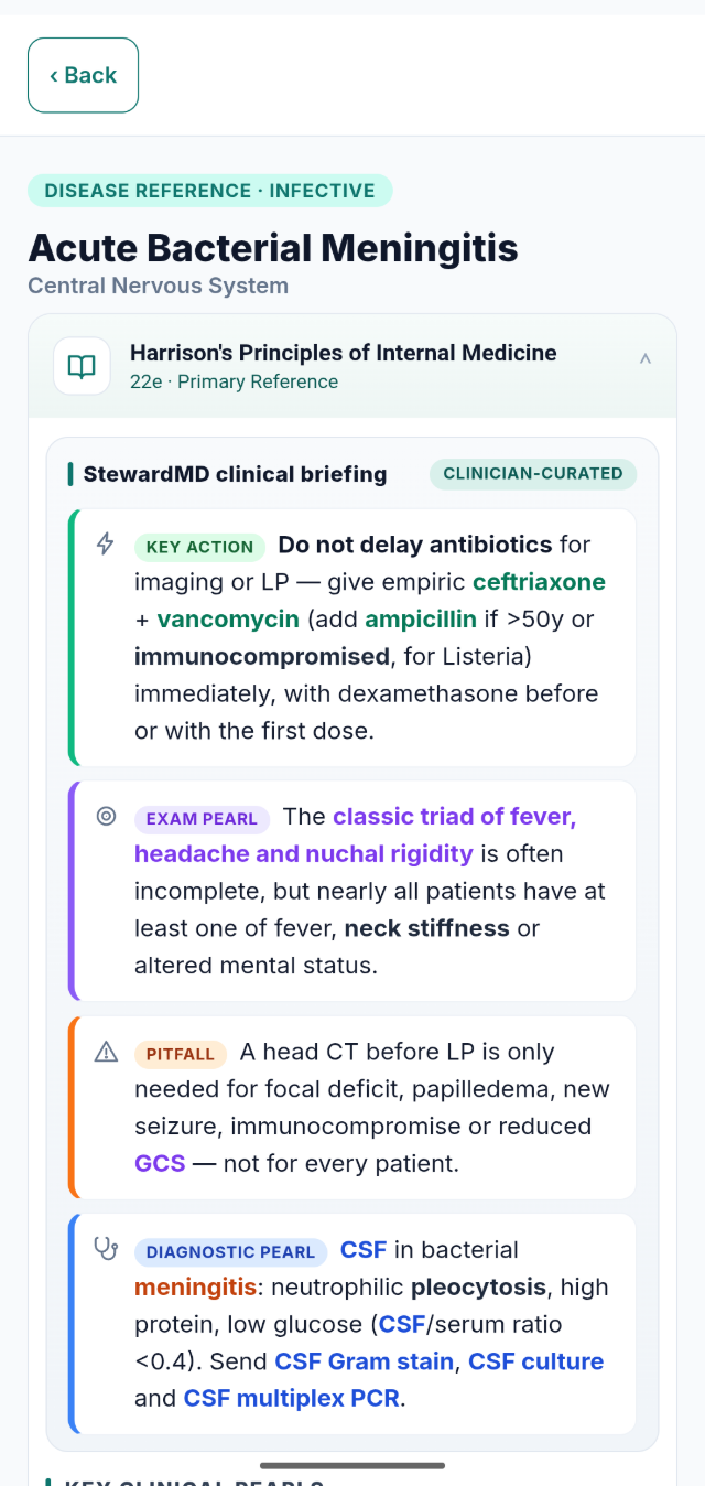 A StewardMD clinical briefing: key action, exam pearl, pitfall and diagnostic pearl for a condition