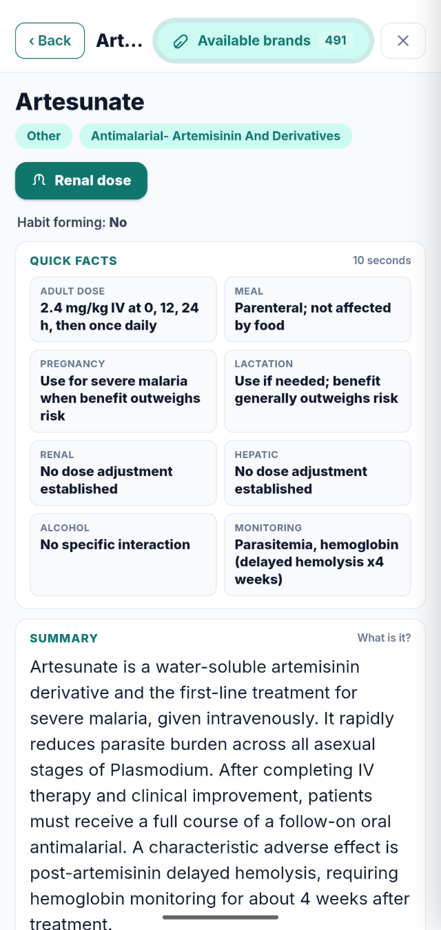 Artesunate monograph in StewardMD: adult dose, meal, pregnancy, lactation, renal, hepatic and monitoring quick facts