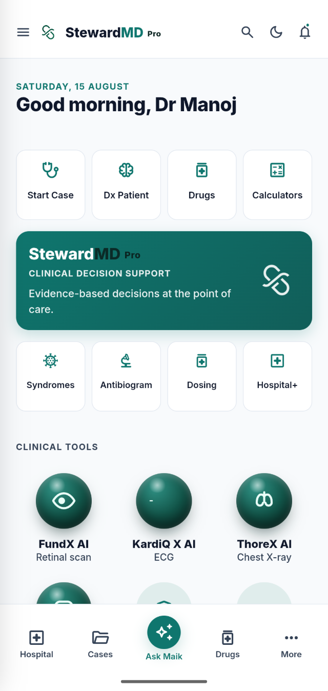 StewardMD Pro home screen: greeting, quick actions and the clinical tools grid