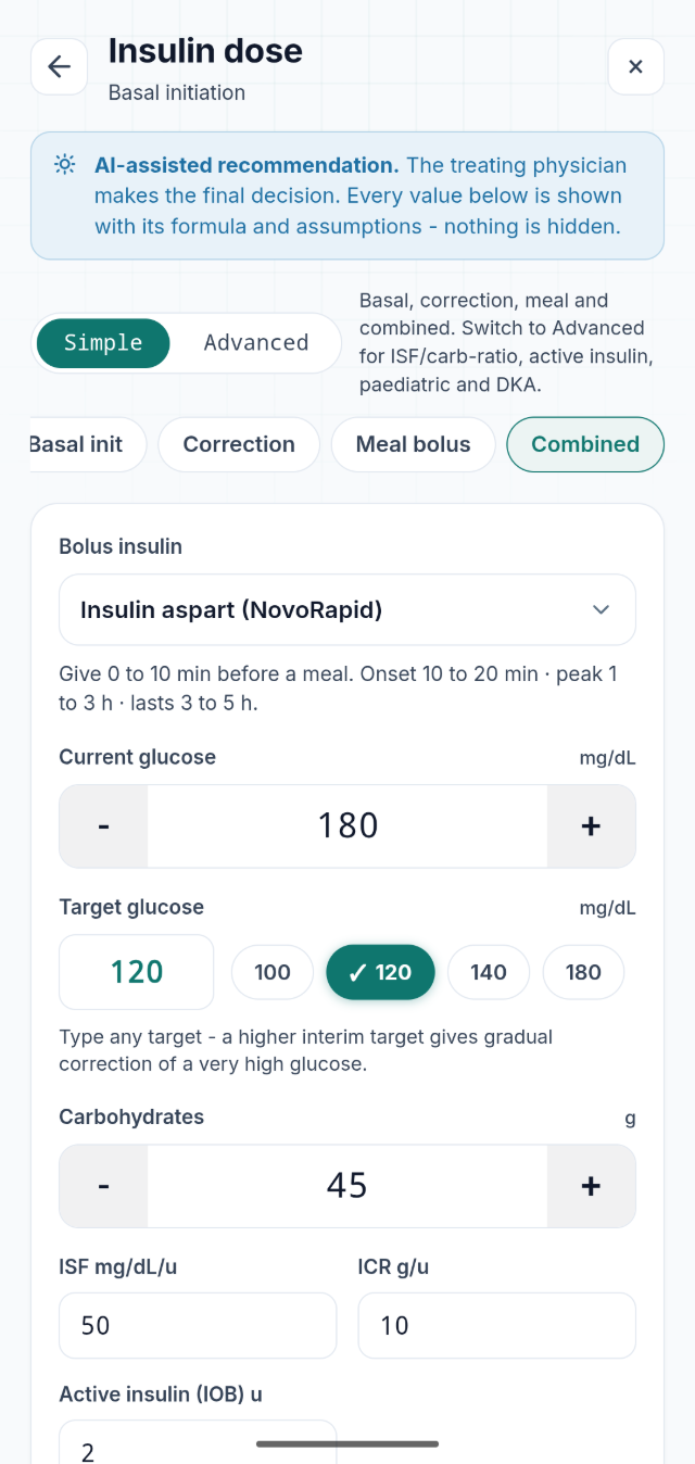 StewardMD insulin dose calculator with basal, correction, meal bolus and combined modes