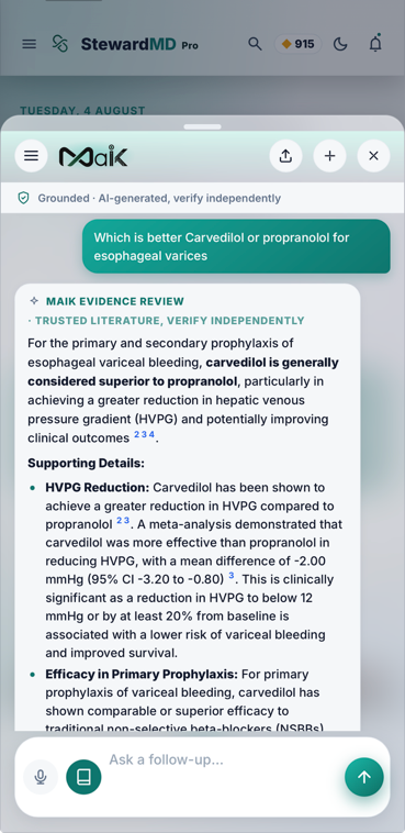 MaiK evidence review comparing carvedilol and propranolol for oesophageal varices, with numbered citations