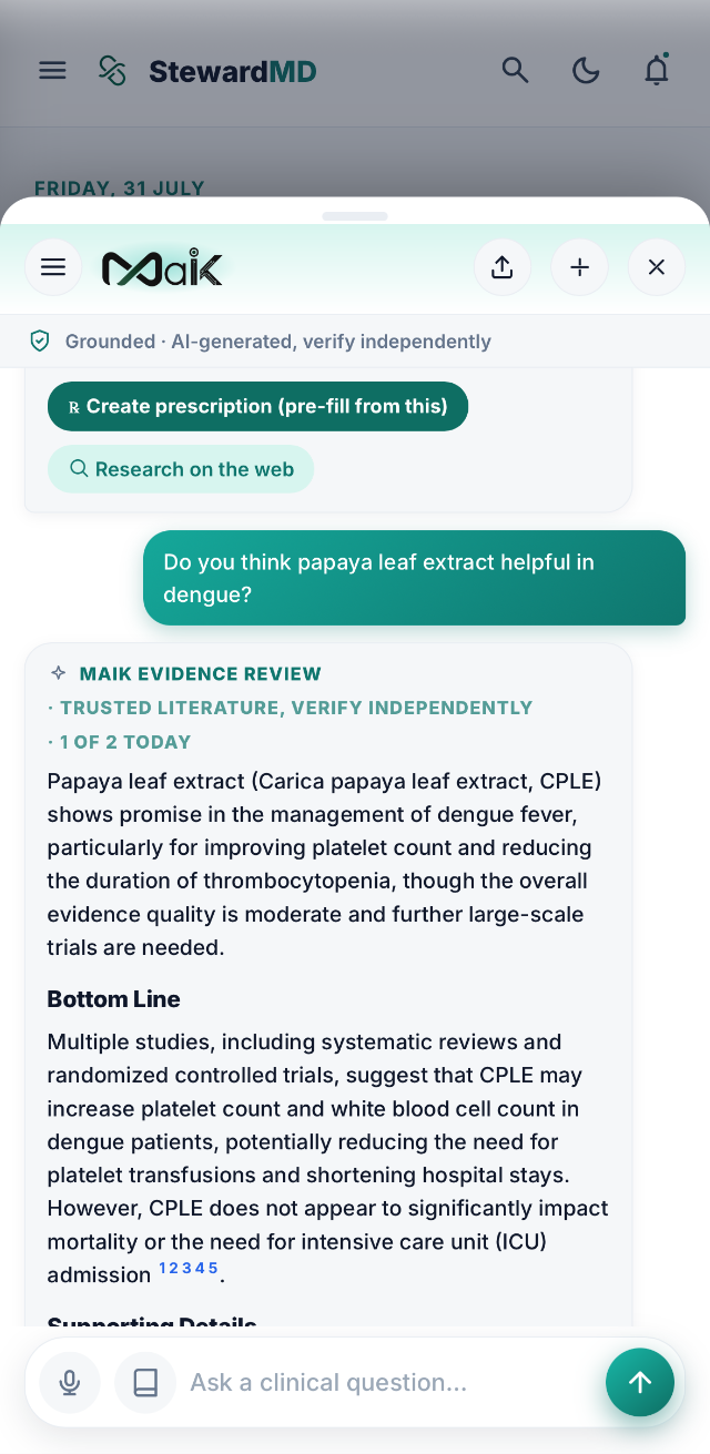 MaiK evidence review answering whether papaya leaf extract helps in dengue, with a bottom line and numbered citations