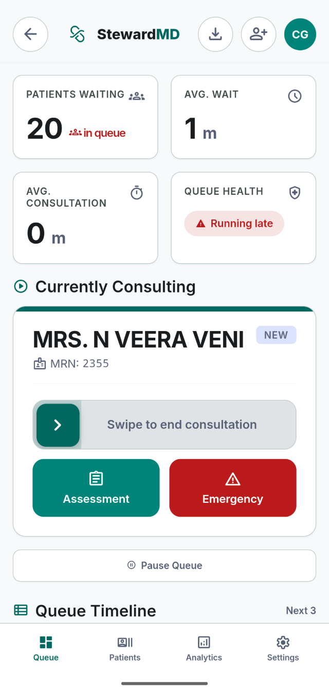 StewardMD OPD queue with patients waiting and average wait